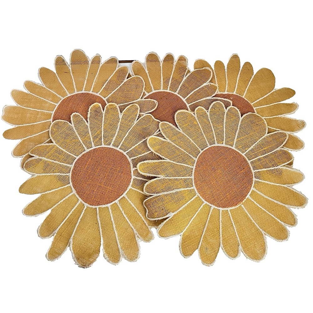 Vtg set 5 sunflower placemats straw raffia yellow orange summer party daisy